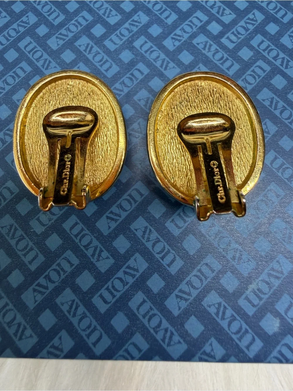 VINTAGE CHRISTIAN DIOR Gold-Trim Iridescent Oval Clip-On Earrings